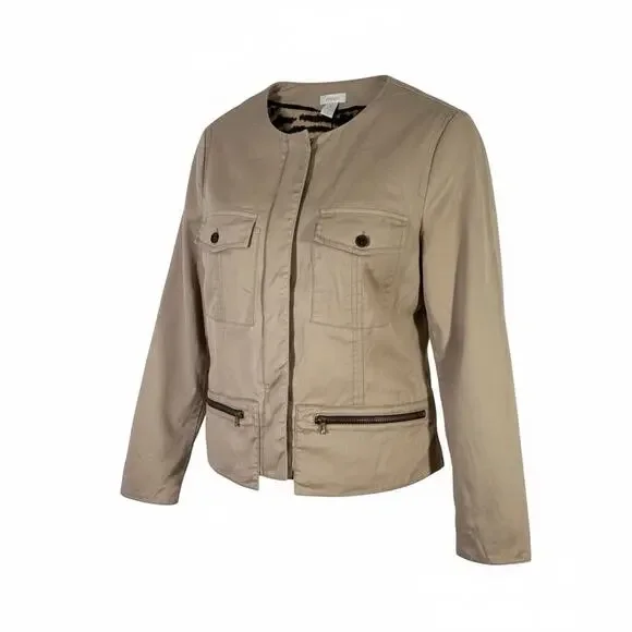 Chico's Women’s Moto Jacket - Size 1 M - Tan - Zipper Pockets - Picture 2 of 8